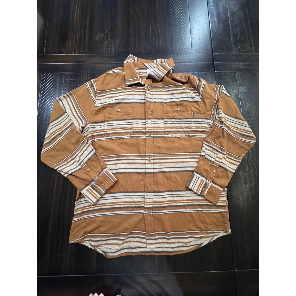 Hurley Mens XL Brown Striped Long Sleeve Flannel Button Down Shirt Pockets